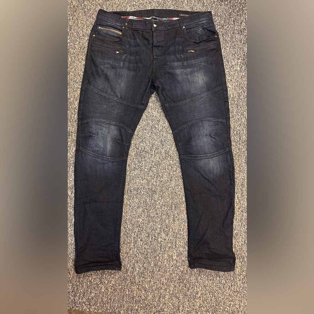 Original men’s size 40 rockstar, dark denim distress, biker jeans
